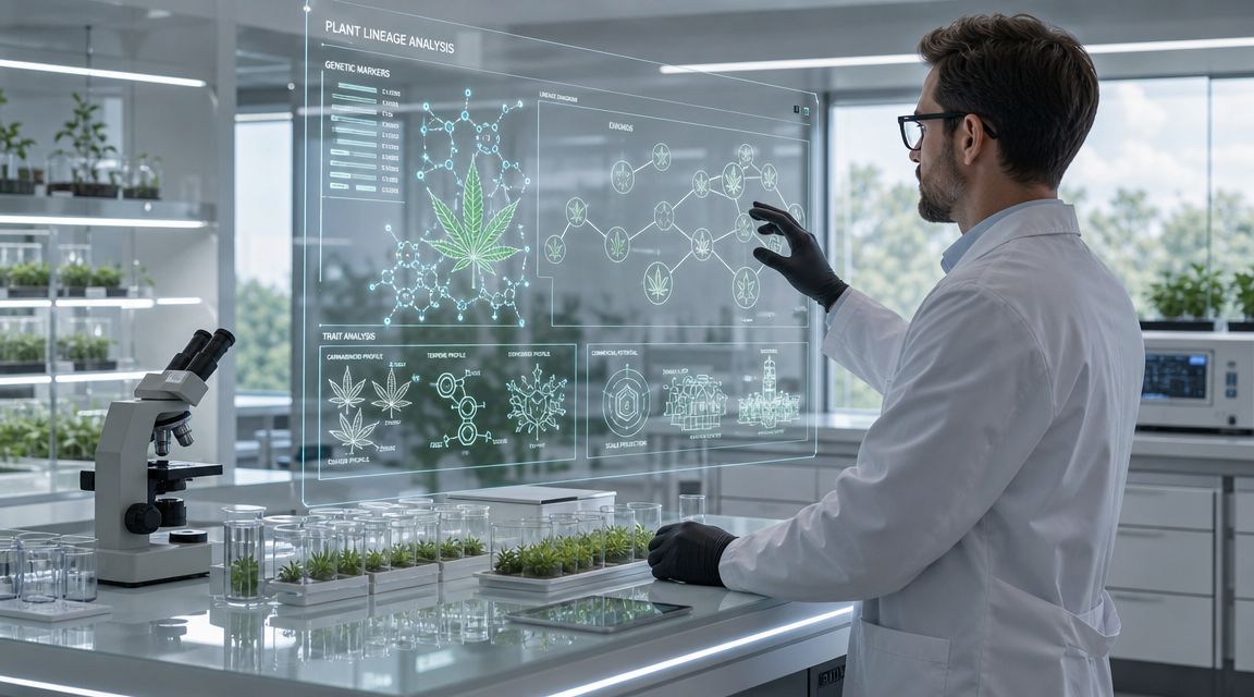 A scientist in a lab coat examining a digital holographic plant analysis of a cannabis strain.