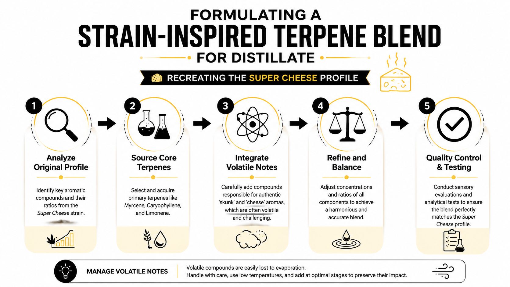An infographic showing the five steps to formulating a strain-inspired terpene blend for Super Cheese distillate.