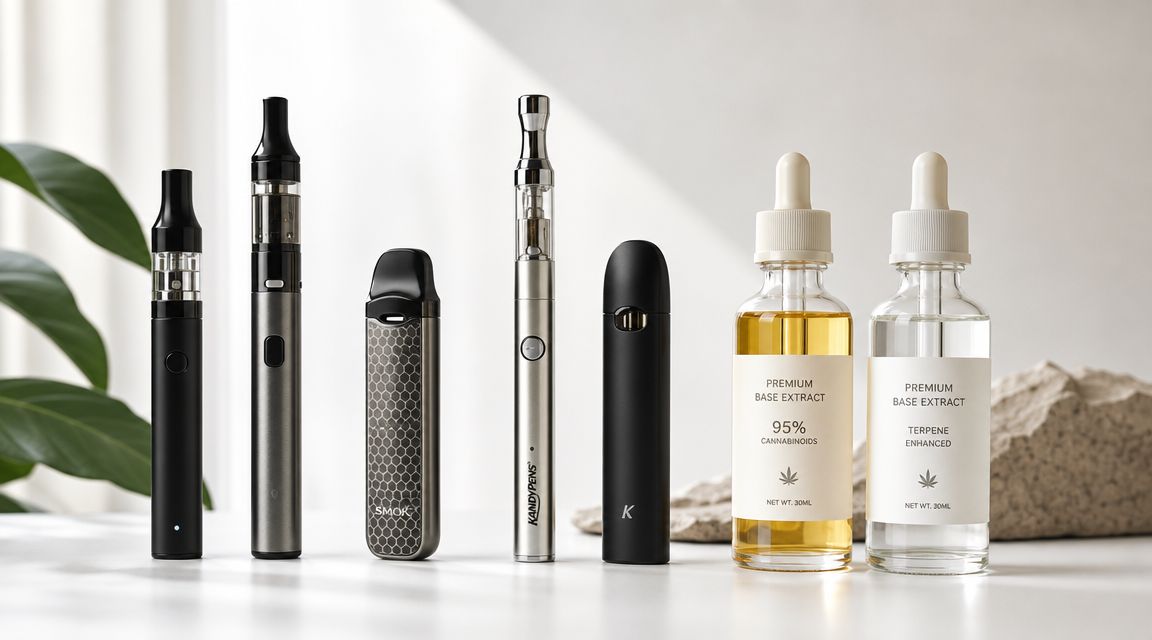 A collection of various vape pens and two glass dropper bottles of premium base extract liquid.