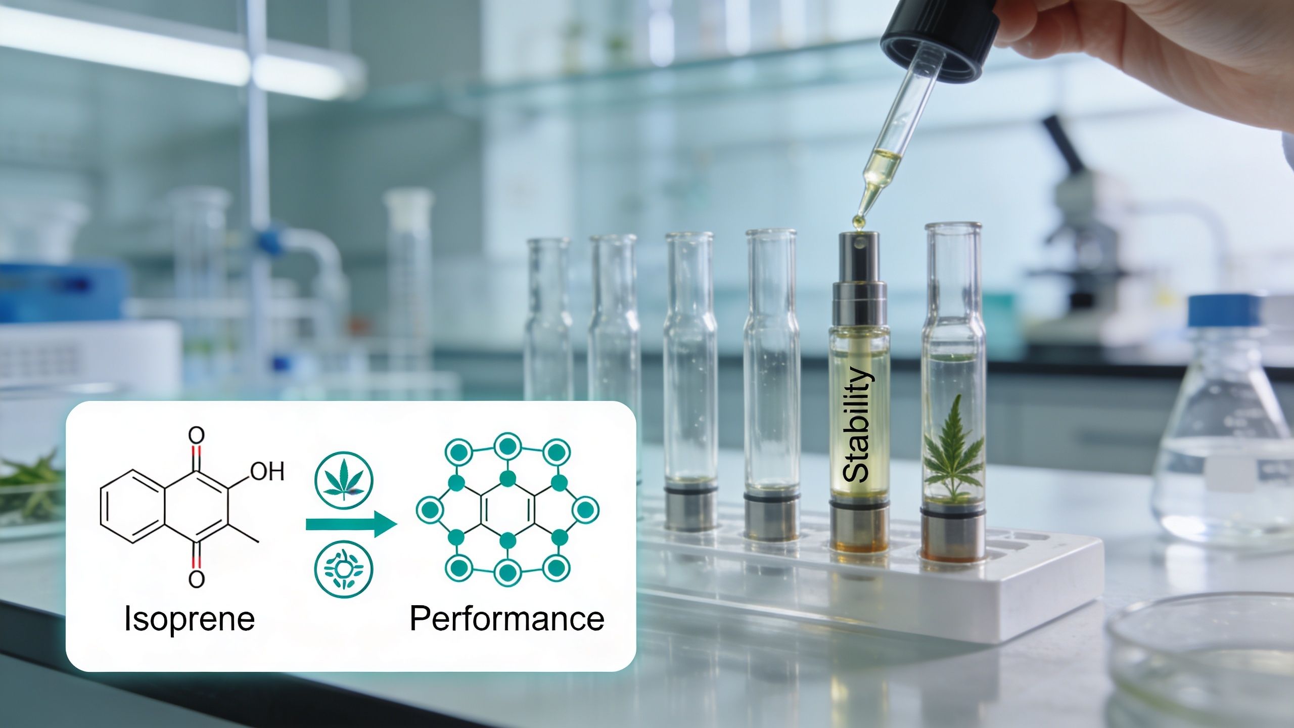 Laboratory experiment with chemical structures and plant extracts, highlighting concepts of stability and performance in research.