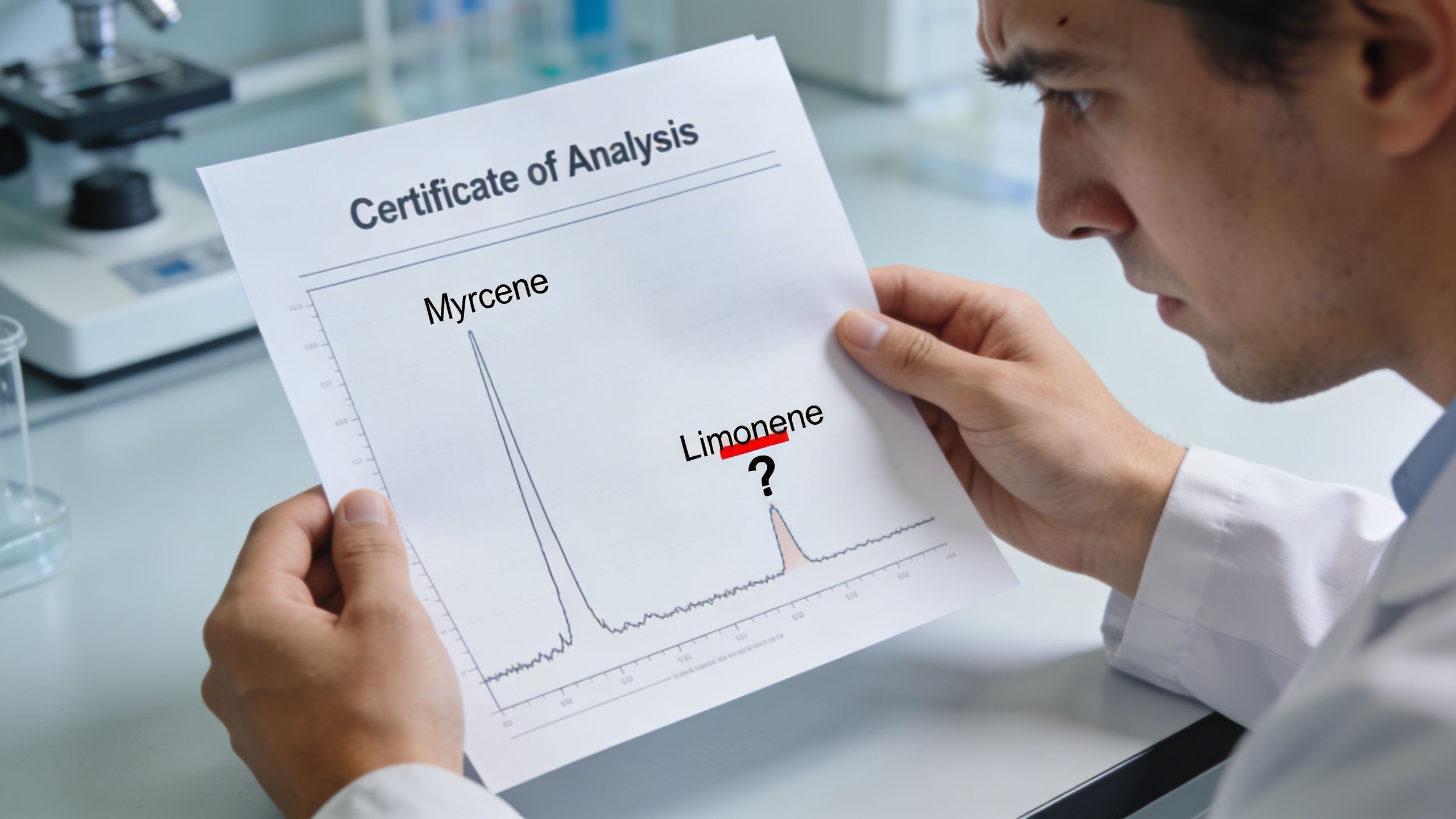 A laboratory technician analyzing a chromatography report showing myrcene and limonene terpene peaks on a graph.