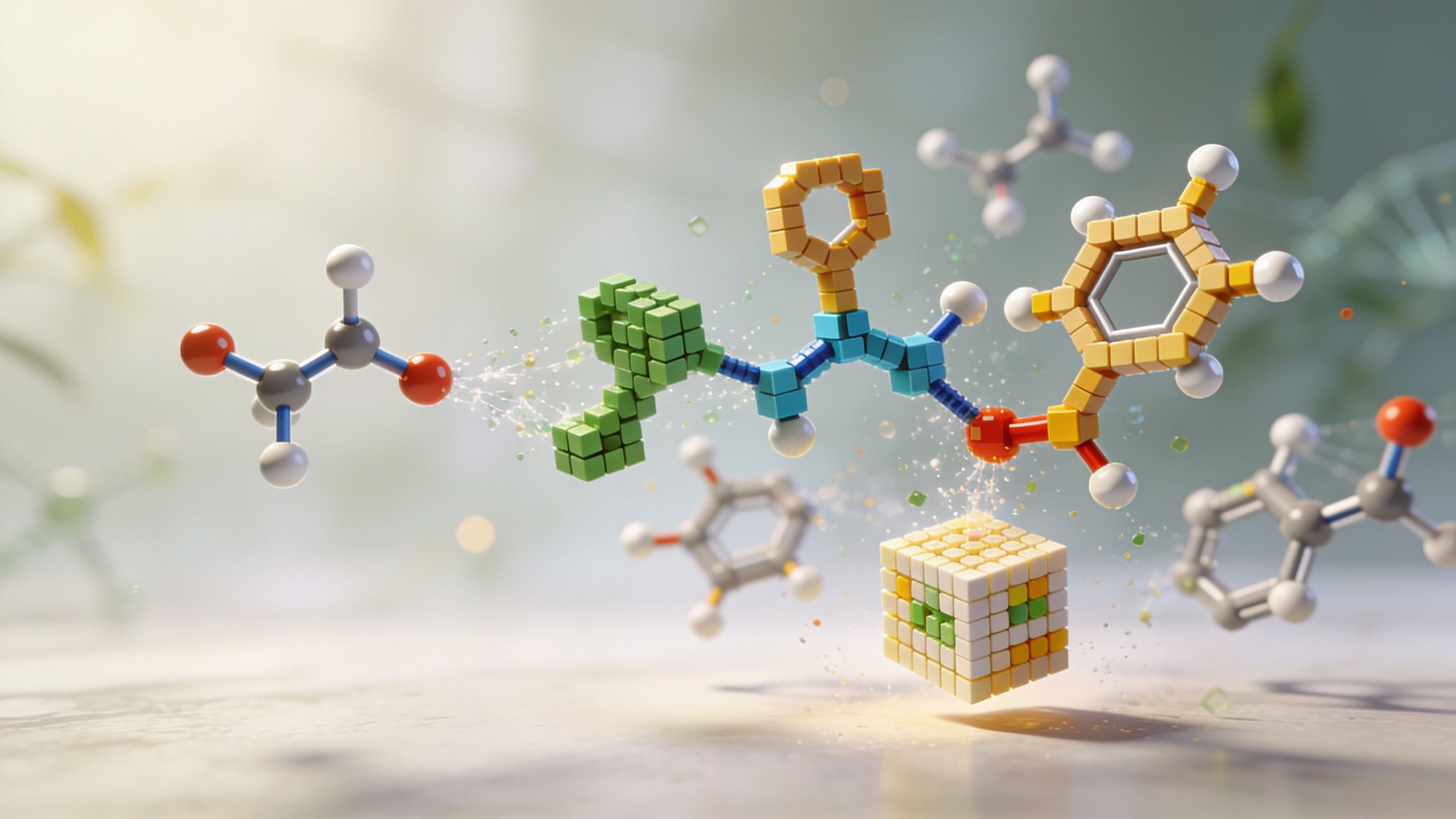A 3D visualization showing complex chemical molecular structures made of colorful pixelated cubes against a blurred background.