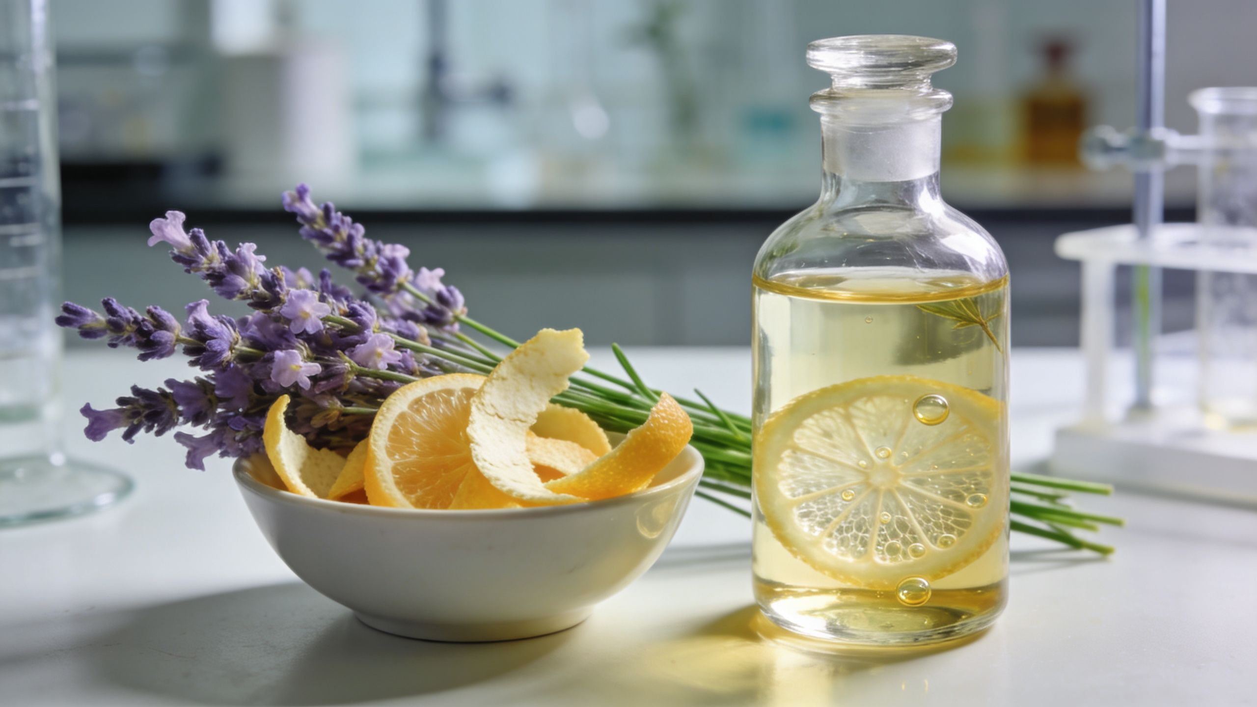 A glass bottle containing liquid with a lemon slice, beside lavender sprigs and orange peels in a bowl.