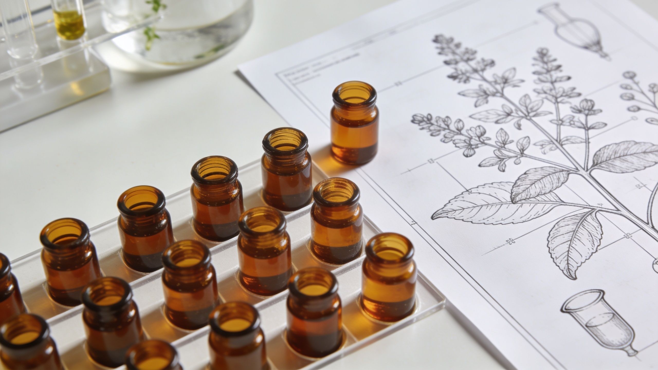 Several small amber glass essential oil vials arranged next to a detailed botanical plant illustration drawing.