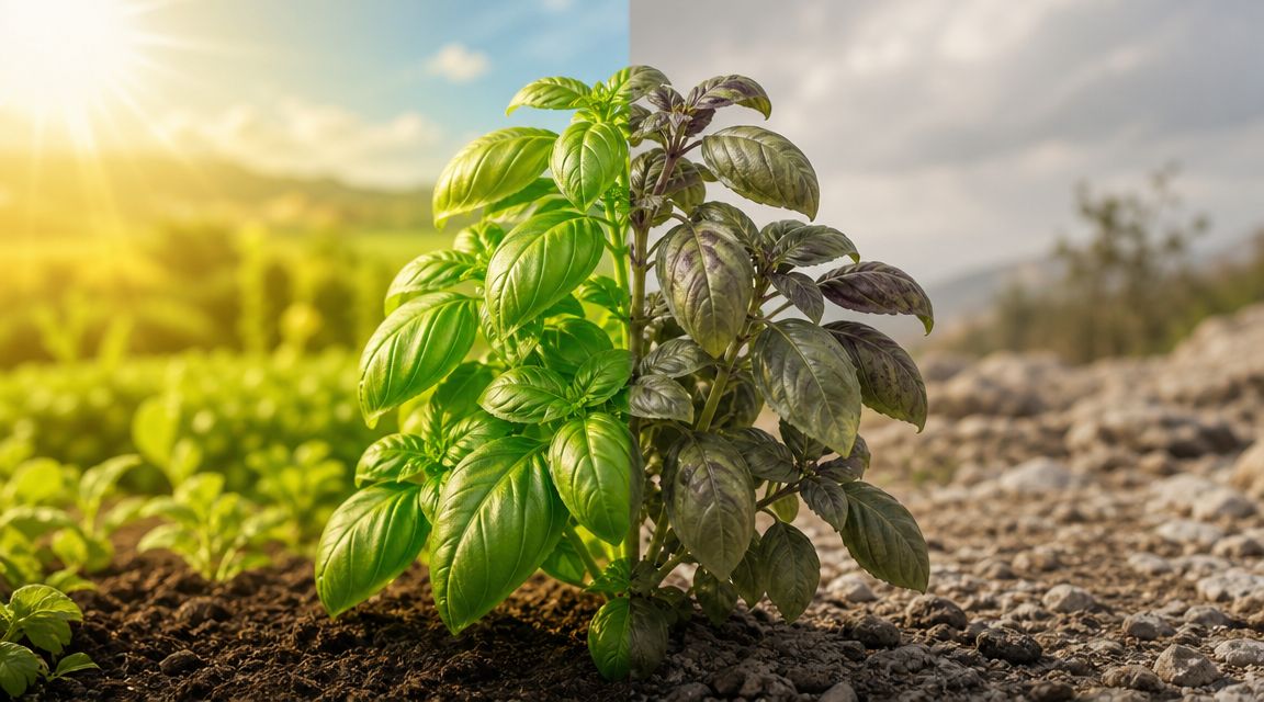 A split screen image showing a lush green basil plant on the left and a withered plant.