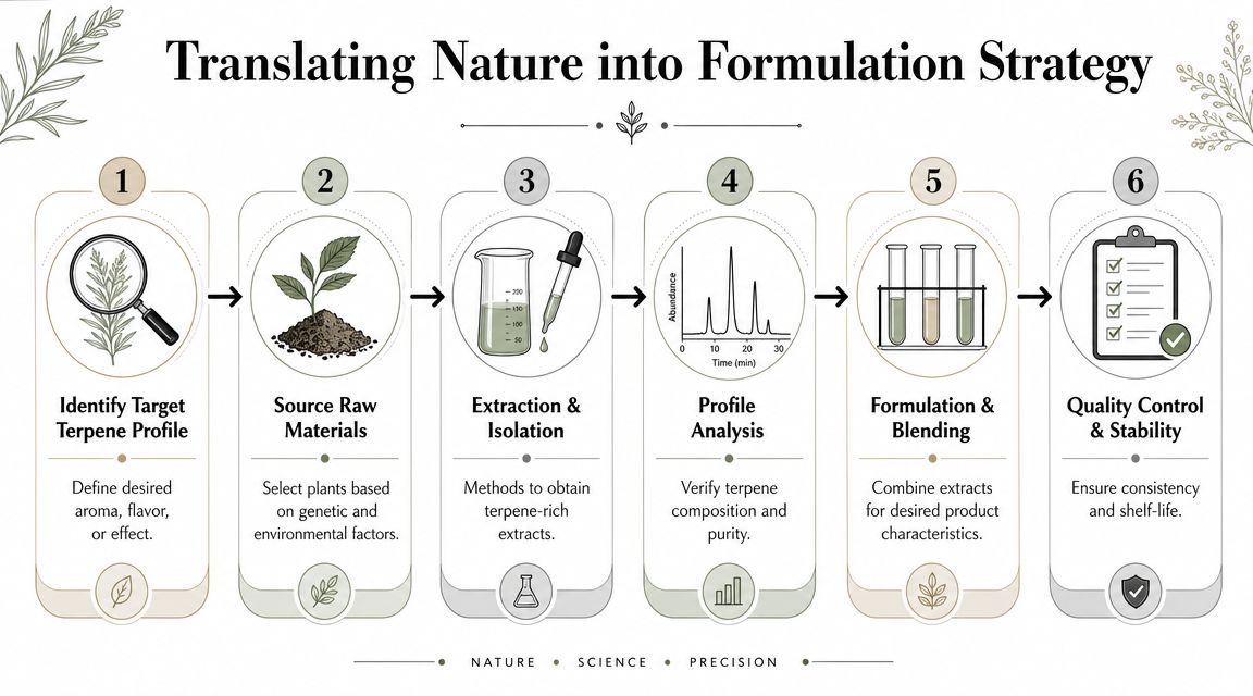 A six-step infographic explaining the process of translating nature-based terpene profiles into product formulation strategies.