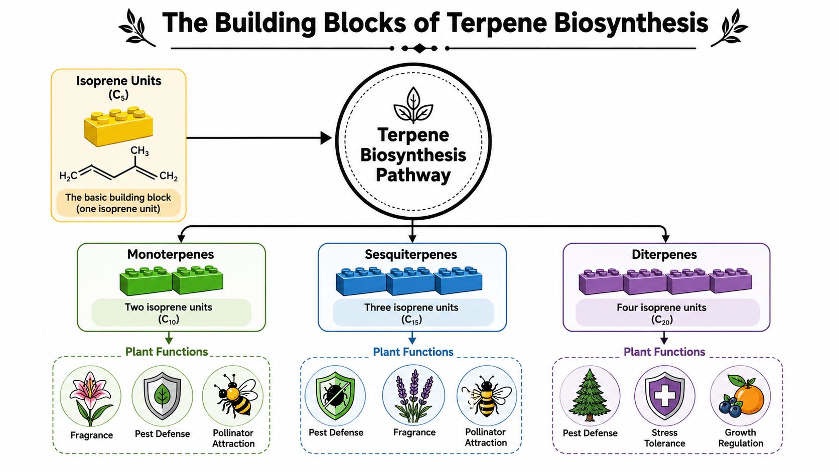 A diagram illustrating the biosynthesis of terpenes from isoprene building blocks into monoterpenes, sesquiterpenes, and diterpenes.