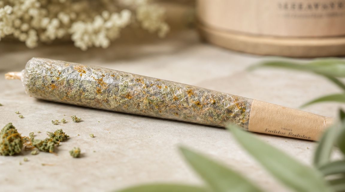 A hand-rolled herbal joint in clear wrapping paper resting on a light stone surface with loose dried herbs.