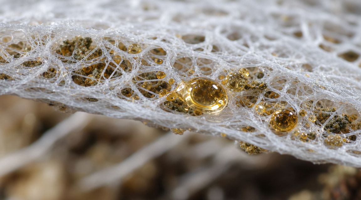 A close-up view of delicate white fiber material with glowing amber resin droplets and organic particles.