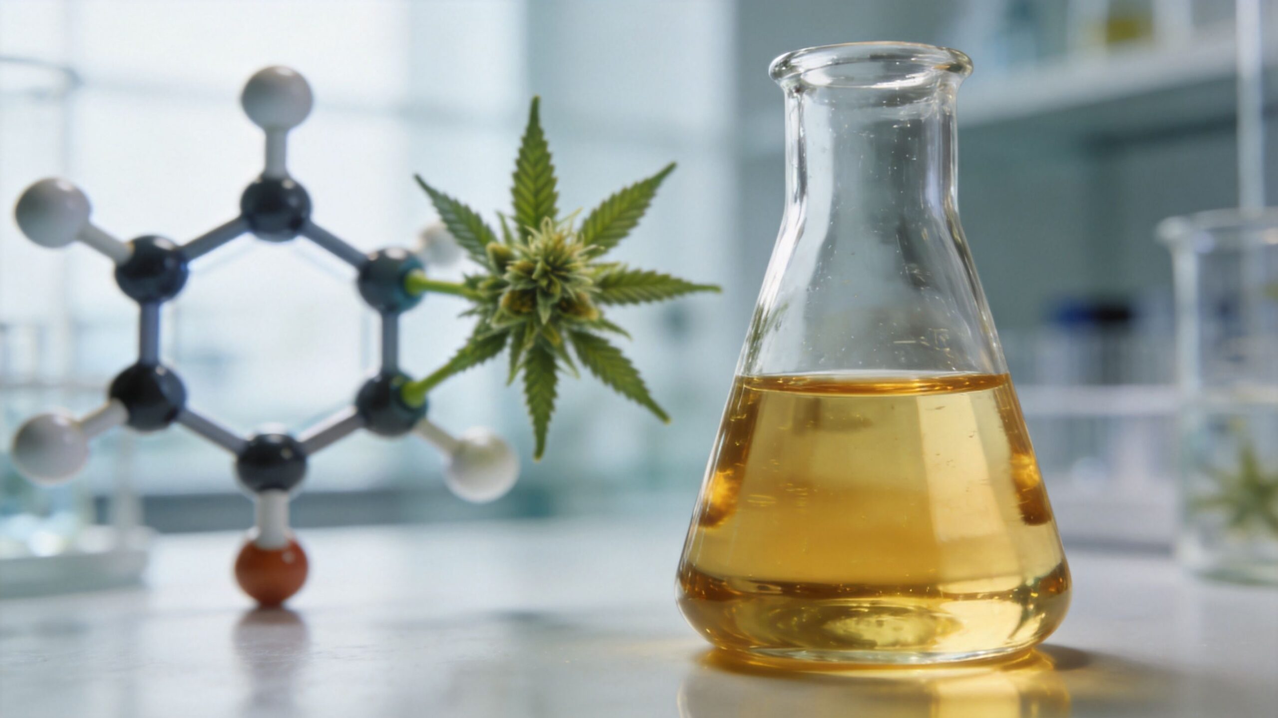 A cannabis flower attached to a molecular model next to a laboratory flask containing golden oil.