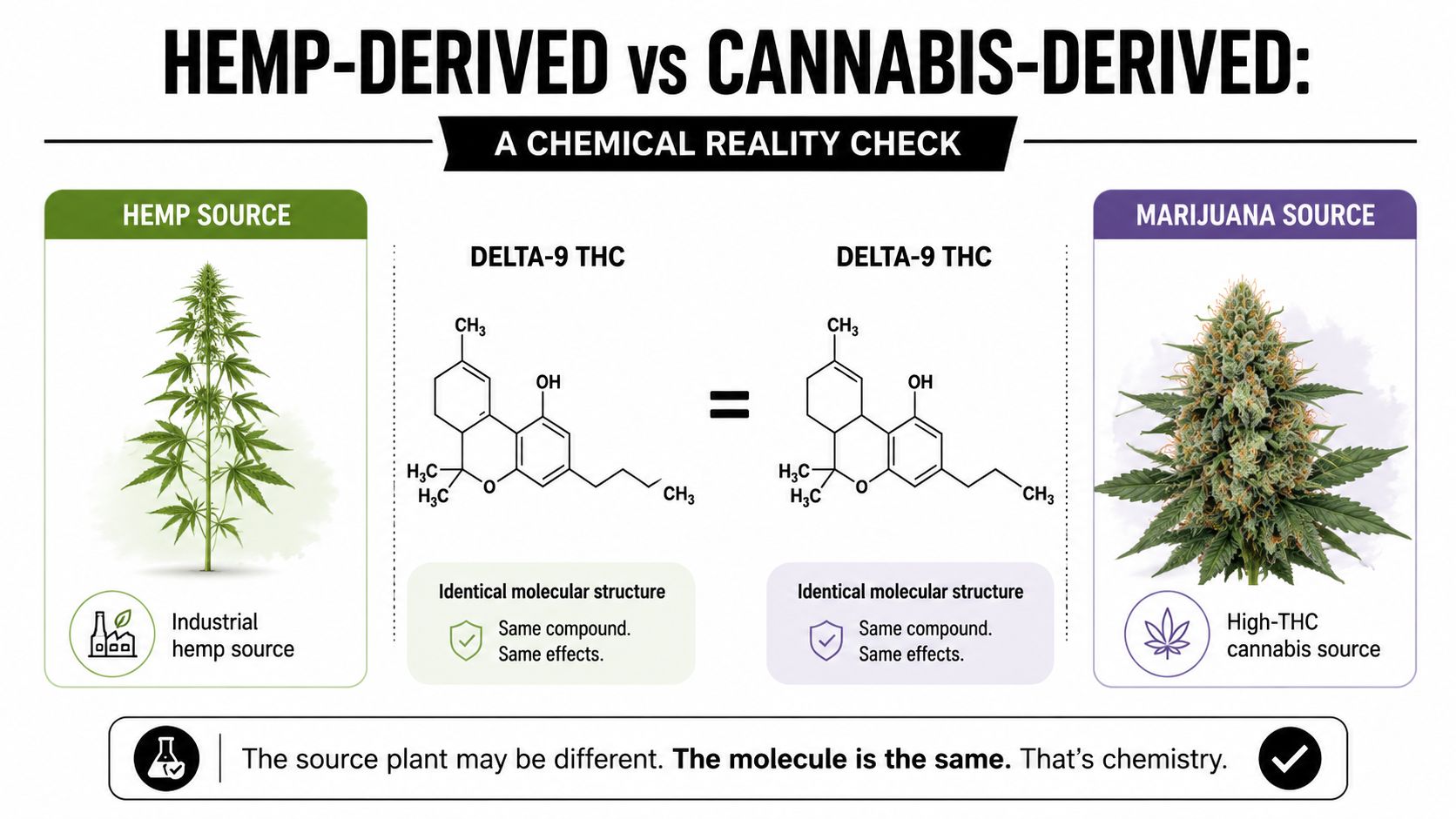 A diagram comparing industrial hemp and marijuana, showing that Delta-9 THC from both has an identical molecular structure.