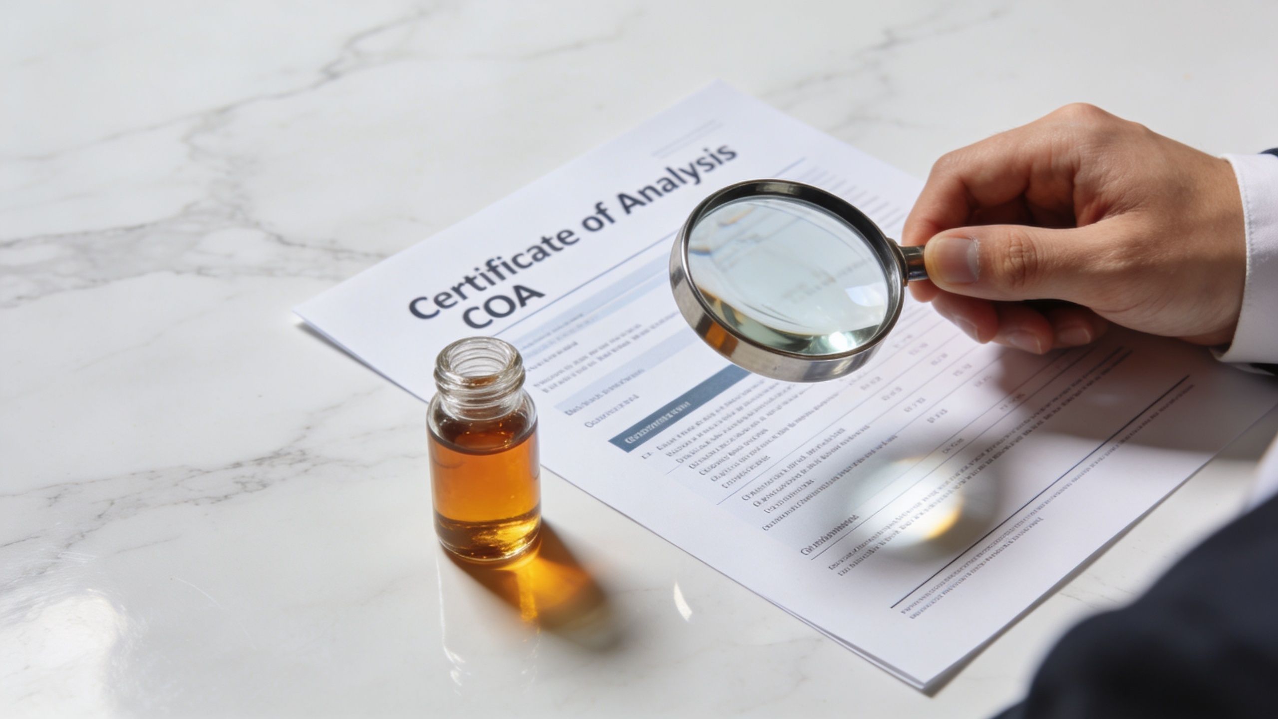A professional analyzing a certificate of analysis document and a small glass vial of amber liquid.