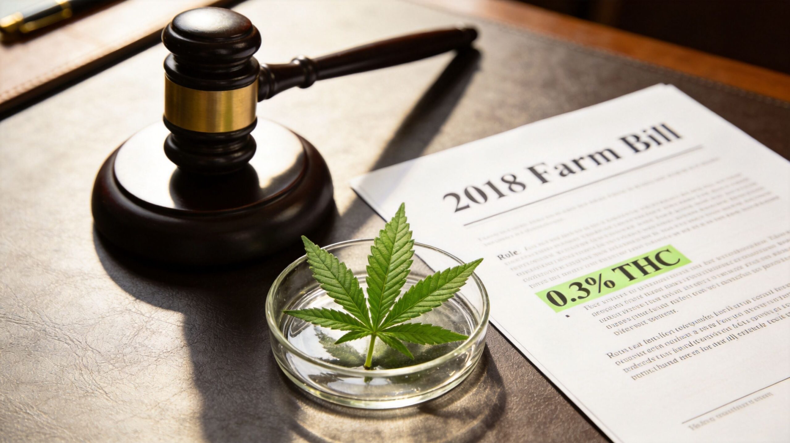 A wooden gavel and a single cannabis leaf in a petri dish resting on the 2018 Farm Bill.