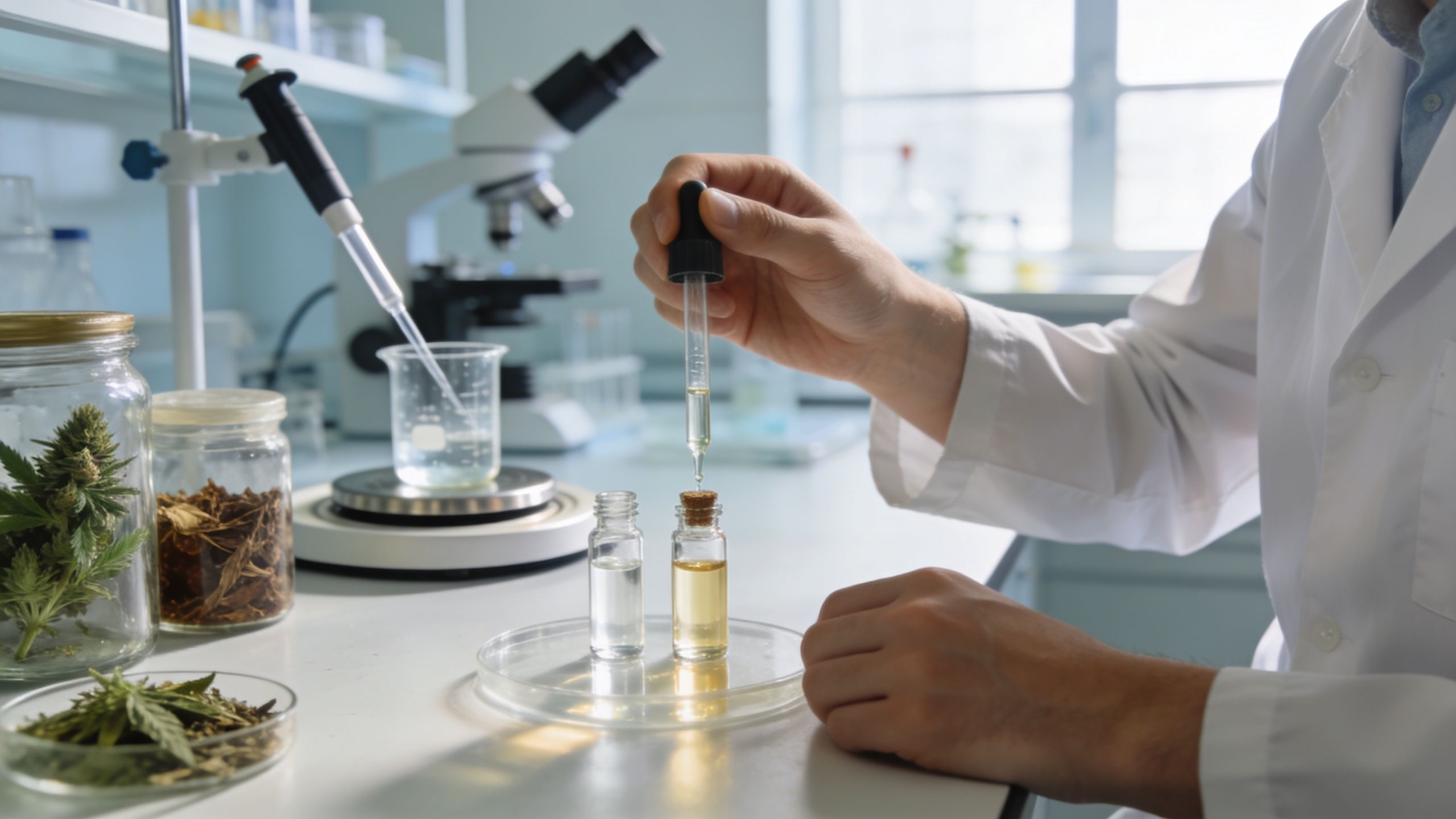 A scientist in a lab coat using a pipette to add liquid to a glass vial.