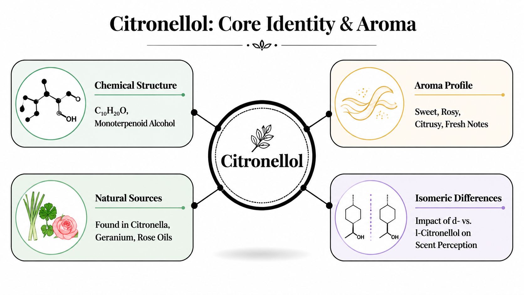 An infographic titled Citronellol: Core Identity and Aroma detailing its chemical structure, natural sources, aroma profile, and isomers.