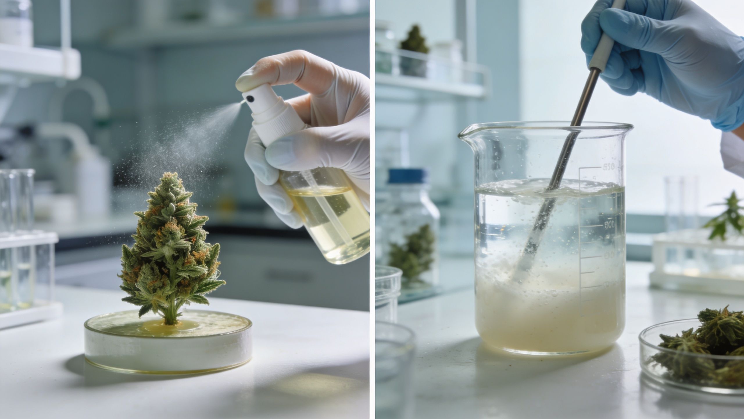 A lab technician spraying a cannabis bud with a terpene spray and mixing a chemical solution.