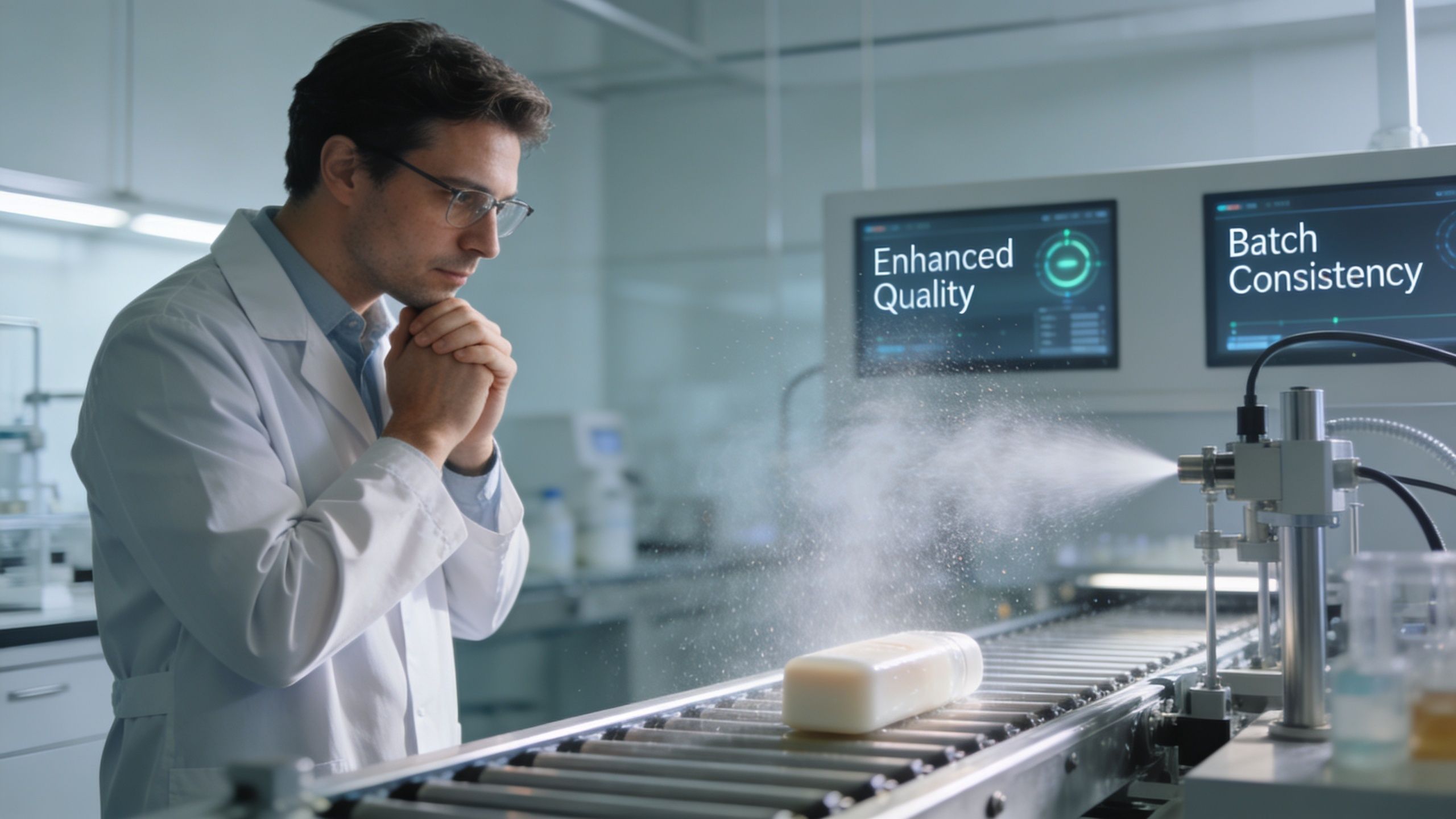 A male scientist in a lab coat observing a bottle being sprayed on a manufacturing conveyor belt.