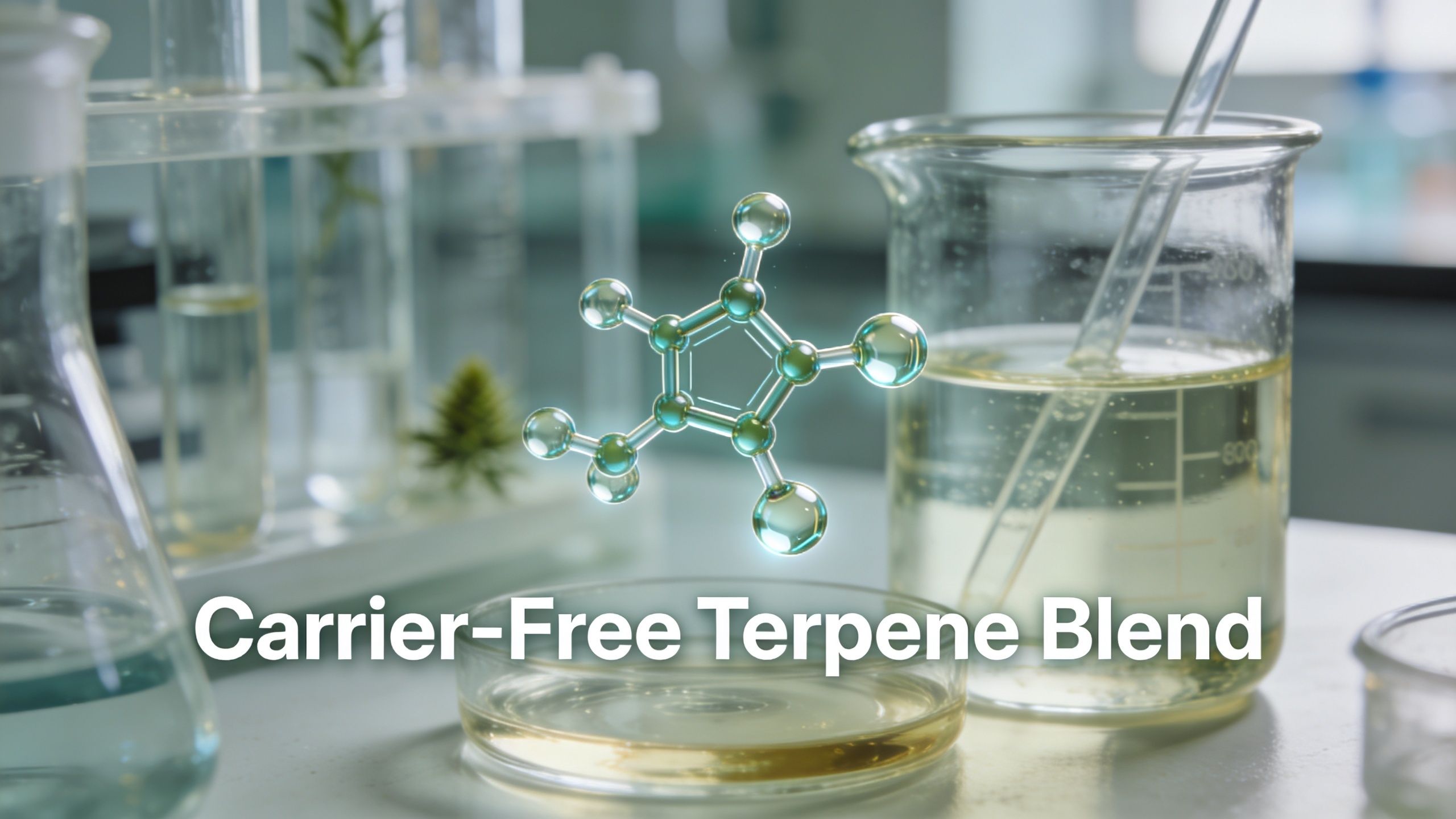 A laboratory setting featuring a glass molecular model of a terpene floating above a petri dish.