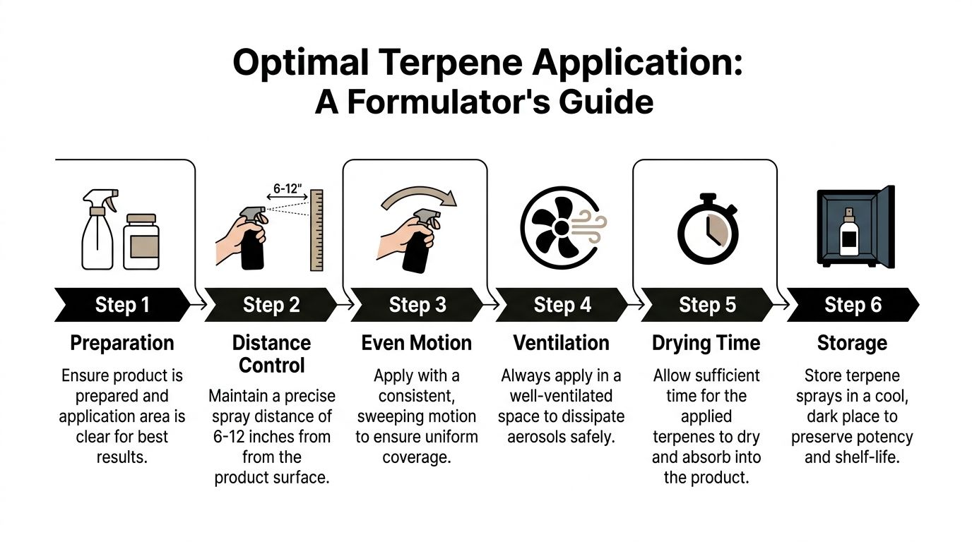 An instructional infographic titled Optimal Terpene Application: A Formulator's Guide showing six steps for proper terpene spraying.