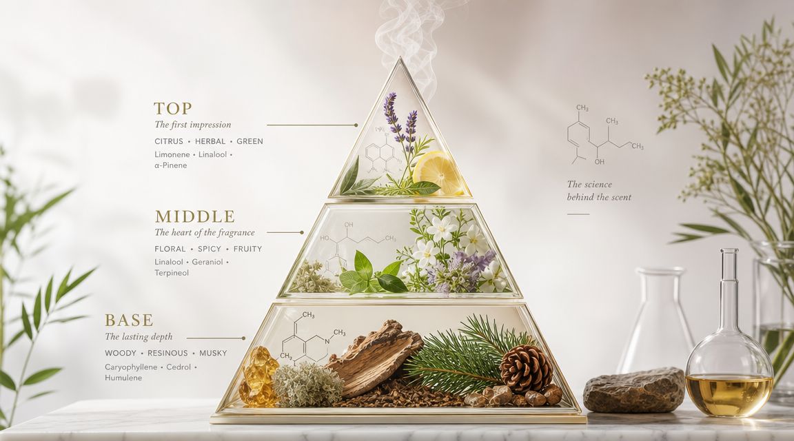 A glass pyramid containing plant specimens and chemical structures, illustrating the layers of fragrance notes.