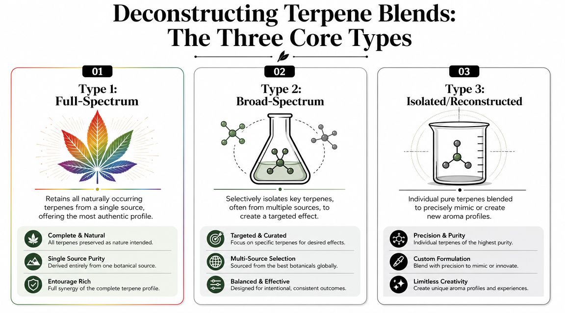 An infographic titled Deconstructing Terpene Blends explaining the three types: Full-Spectrum, Broad-Spectrum, and Isolated/Reconstructed.