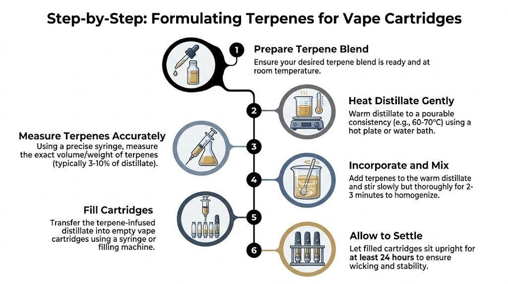 A six-step infographic detailing the process for formulating terpene blends for cannabis vape cartridges.