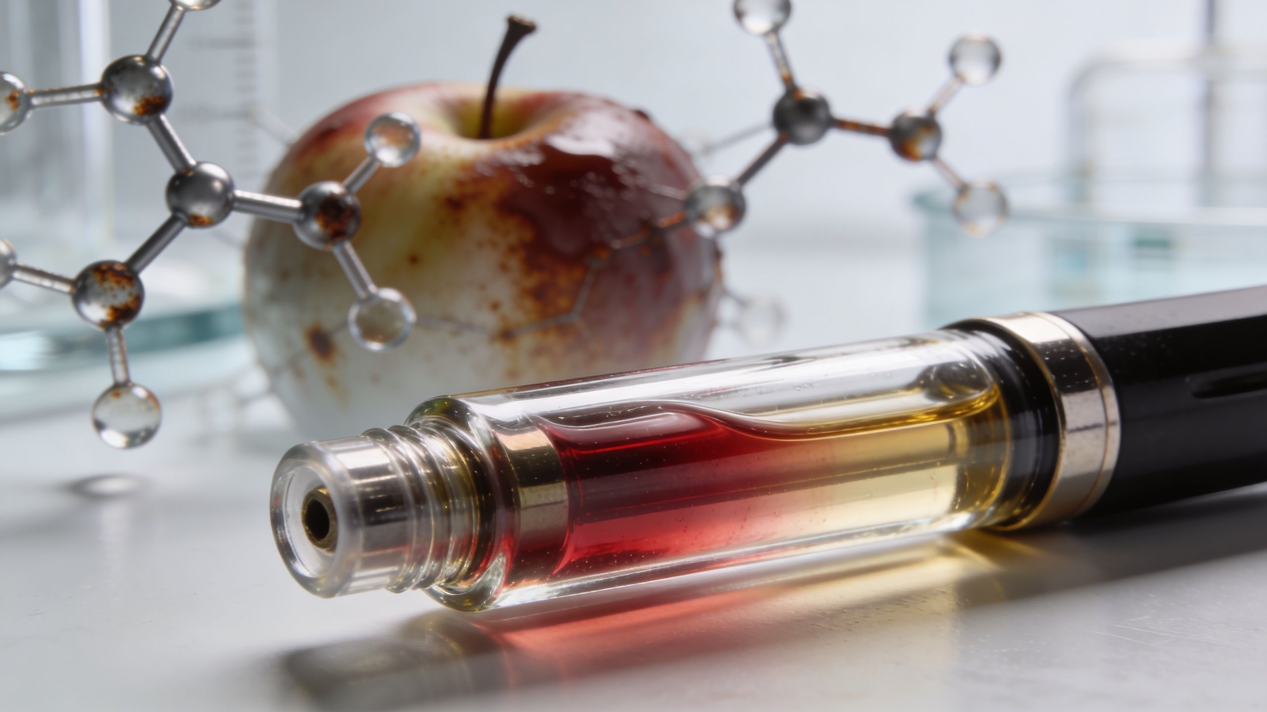 A close-up view of a vape cartridge with red oil next to an apple and molecular model.