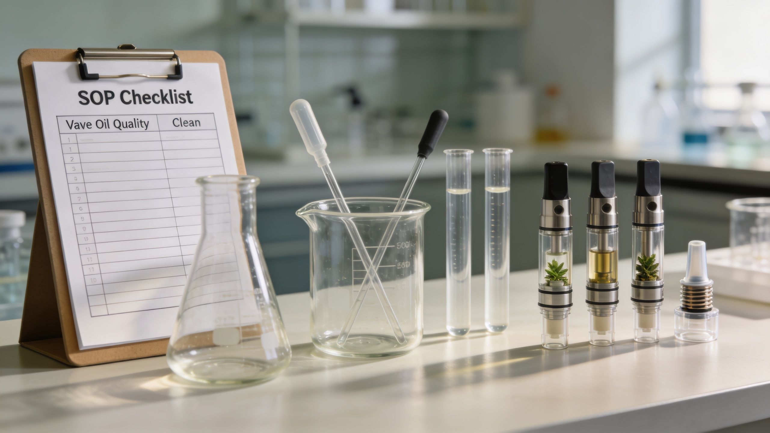A laboratory table featuring a checklist, glassware, and several vape cartridges filled with oil and cannabis.