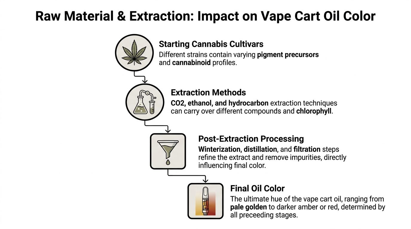 A flowchart explaining how cannabis cultivars, extraction methods, and post-extraction processing determine vape cartridge oil color.