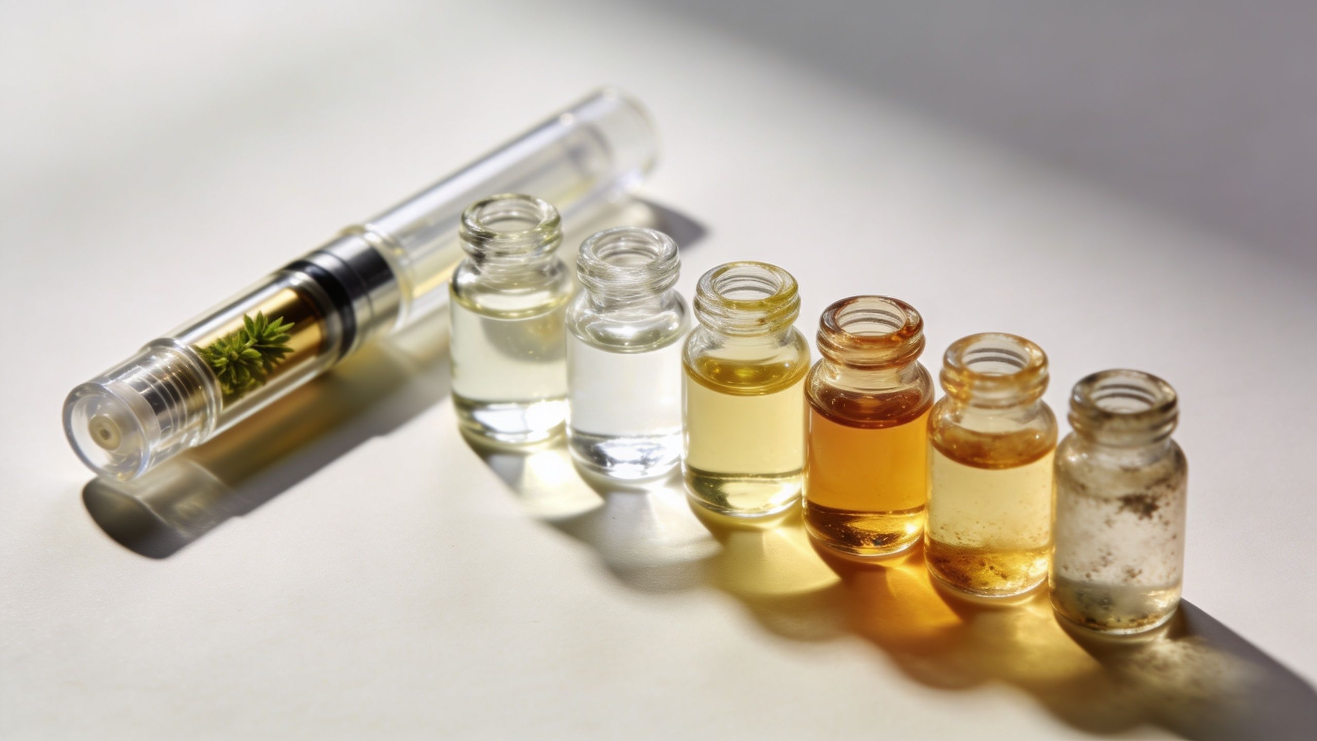 A glass vape cartridge and several small glass vials containing oils of varying colors and clarity levels.