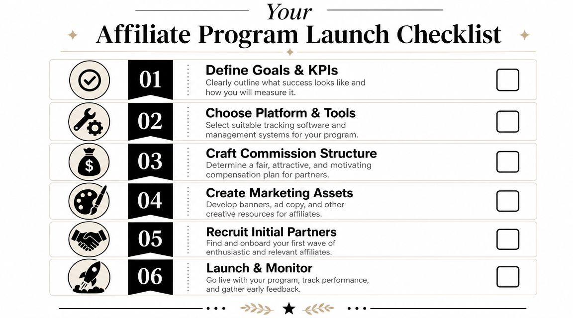 A six-step checklist for launching an affiliate marketing program featuring icons and descriptive text for each stage.