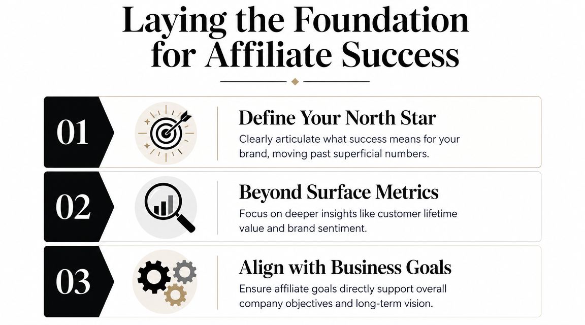 A graphic titled Laying the Foundation for Affiliate Success outlining three key strategic steps.