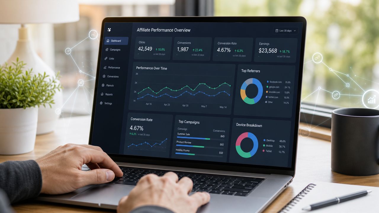 A person using a laptop to view an affiliate performance dashboard with marketing analytics charts and data.