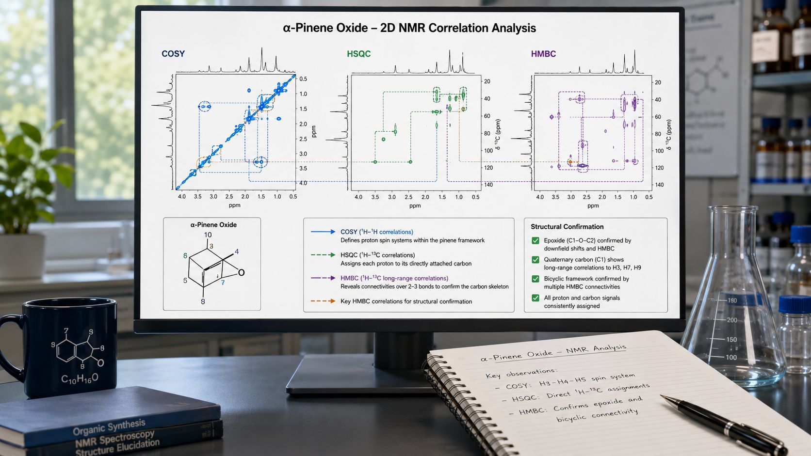 A computer monitor displaying 2D NMR correlation analysis charts for alpha-pinene oxide in a chemistry laboratory.
