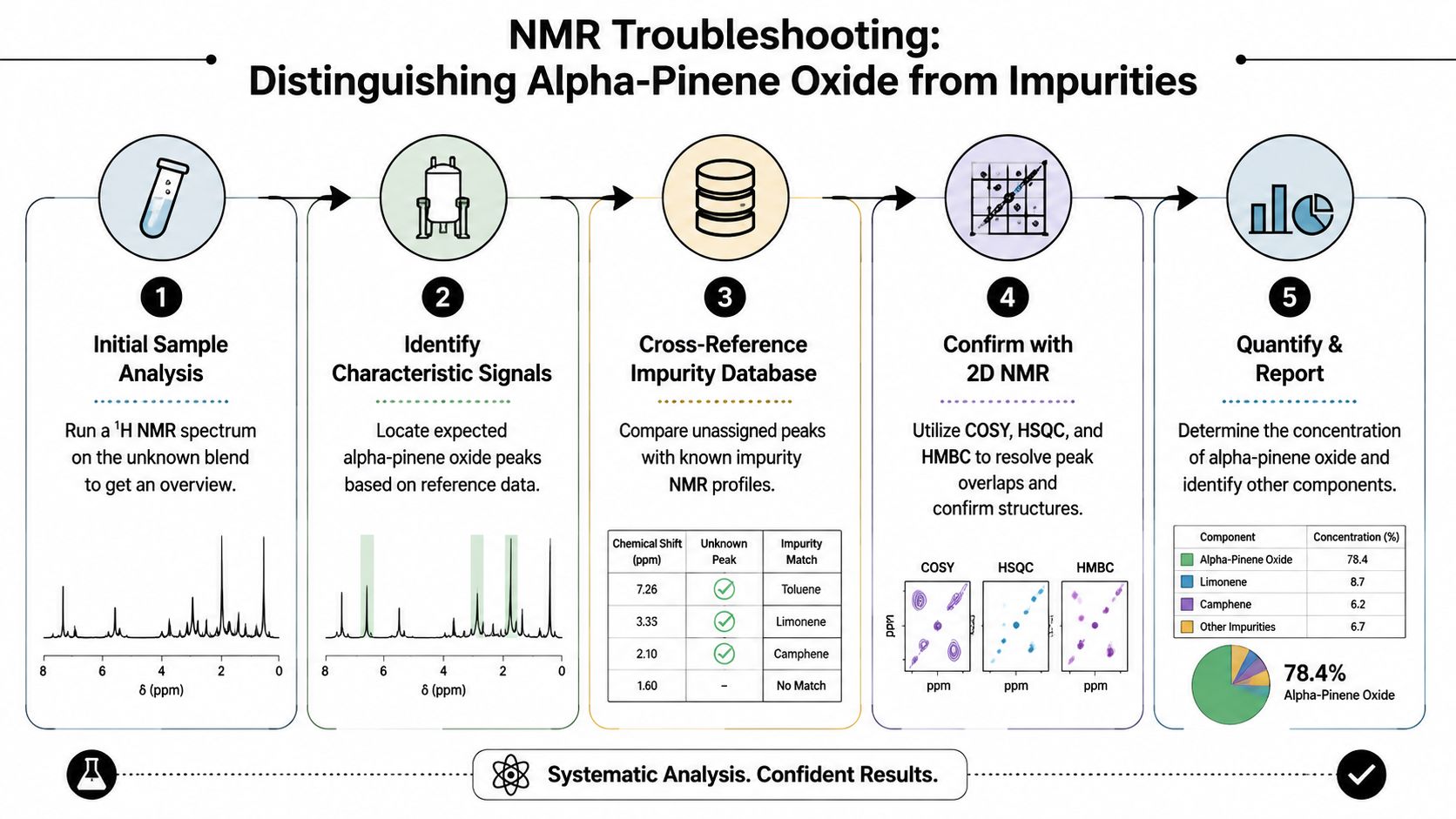 A five-step flowchart illustrating the NMR spectroscopy process for distinguishing alpha-pinene oxide from common chemical impurities.
