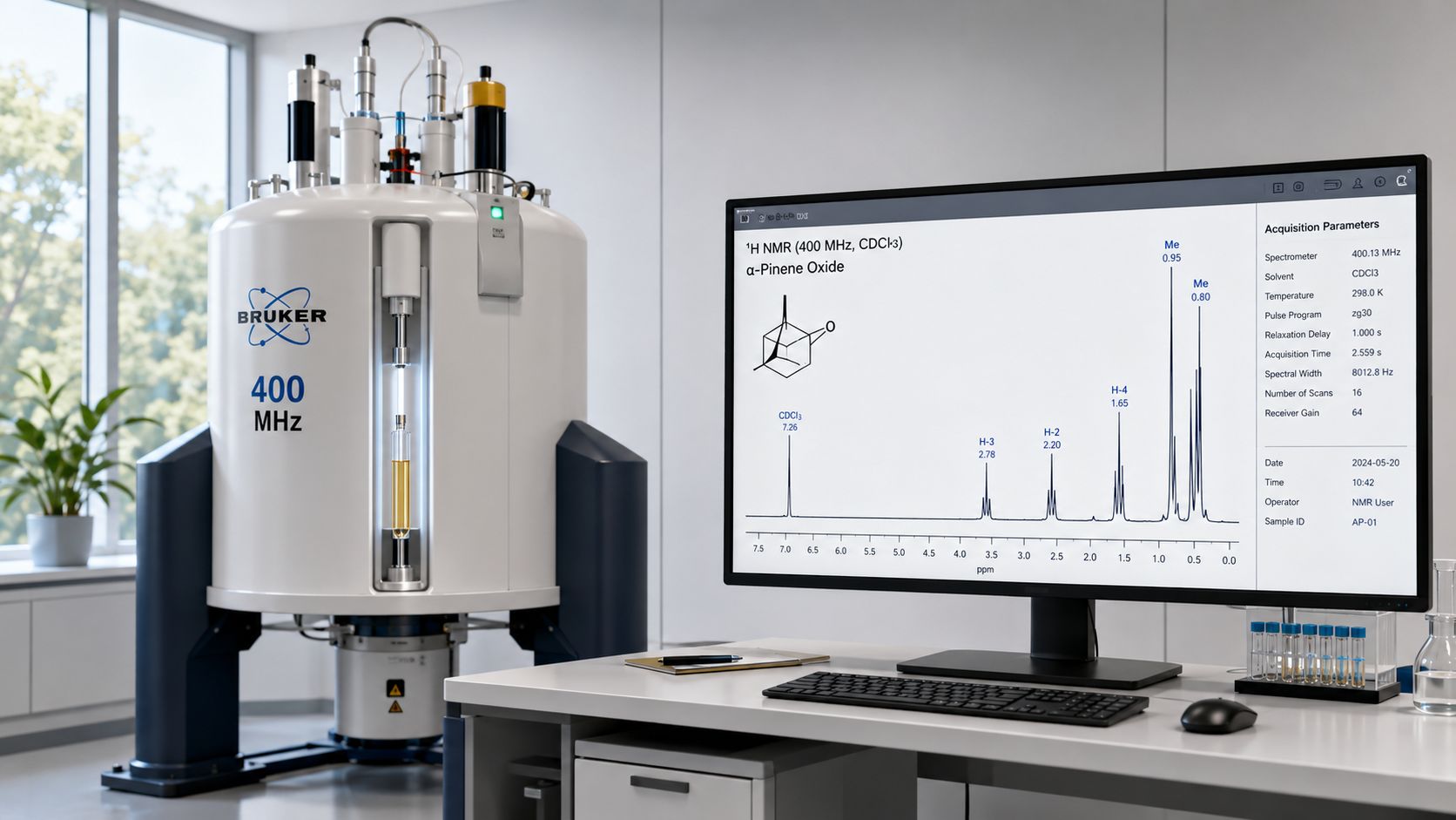 A laboratory setting with a Bruker 400 MHz NMR spectrometer and a computer screen showing alpha-pinene oxide spectral data.
