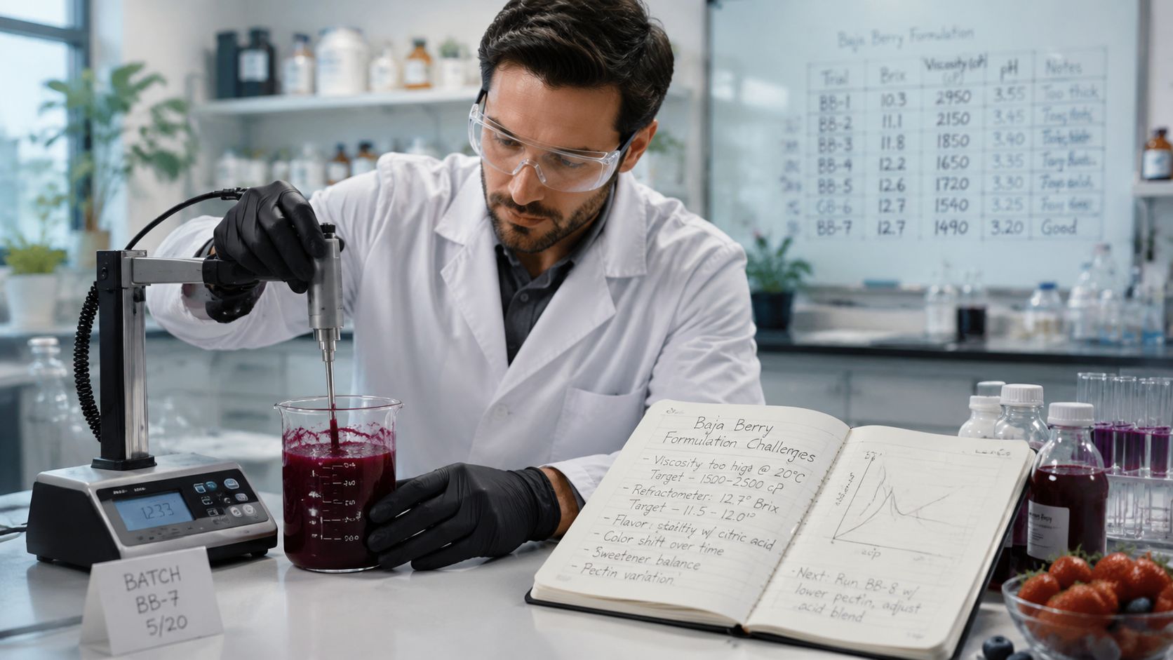 A lab technician in a white coat mixes a dark red Baja berry formulation in a laboratory.