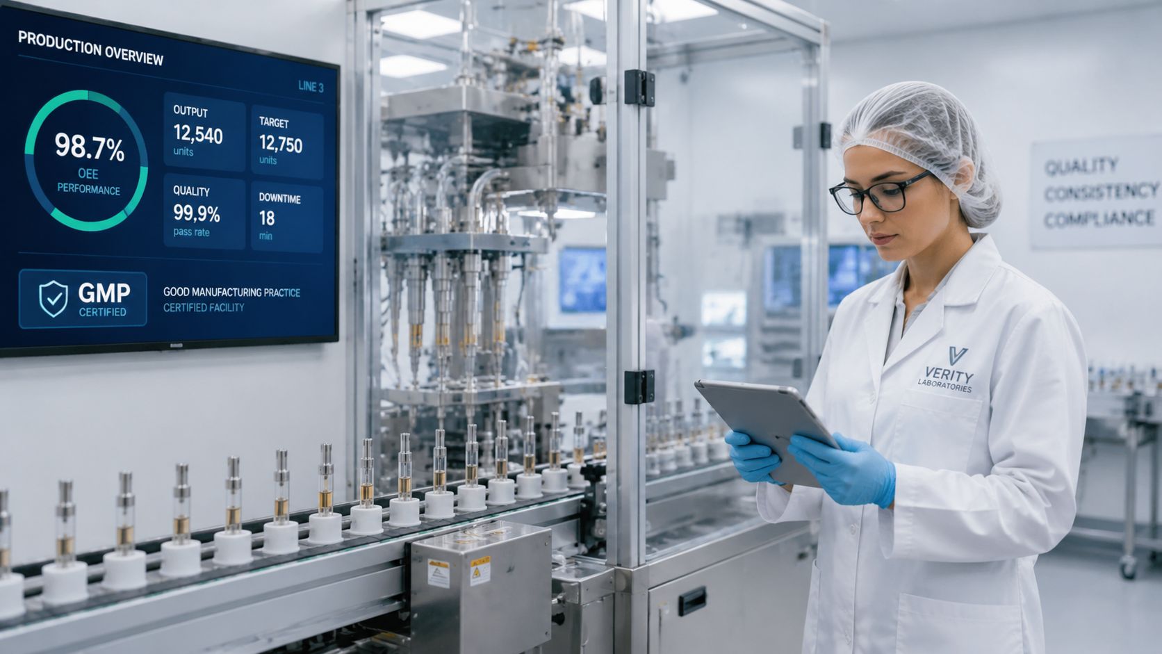 A female scientist in a lab coat checks data on a tablet in a sterile, automated production facility.