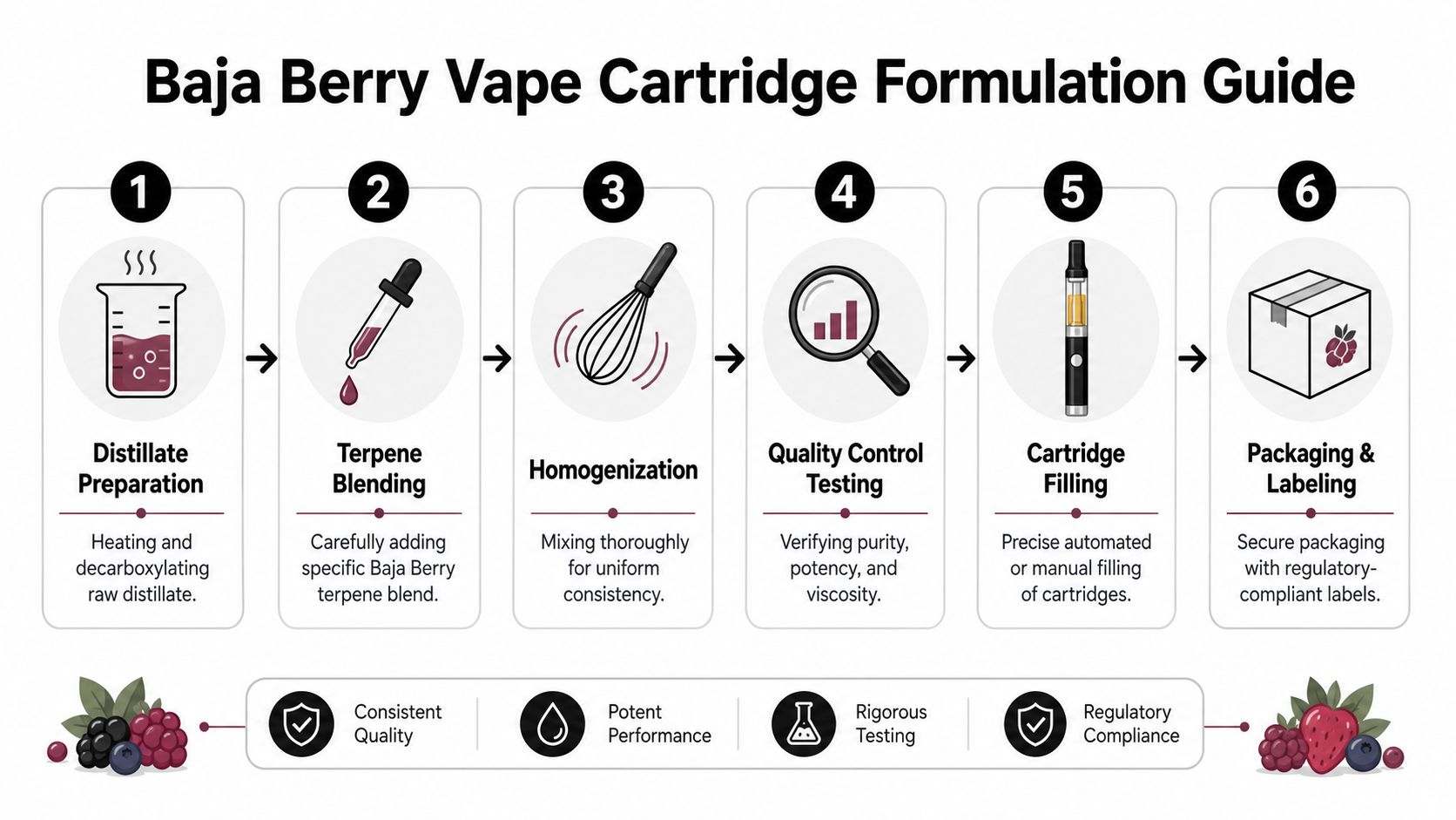 A six-step infographic illustrating the professional production process for Baja Berry vape cartridges.