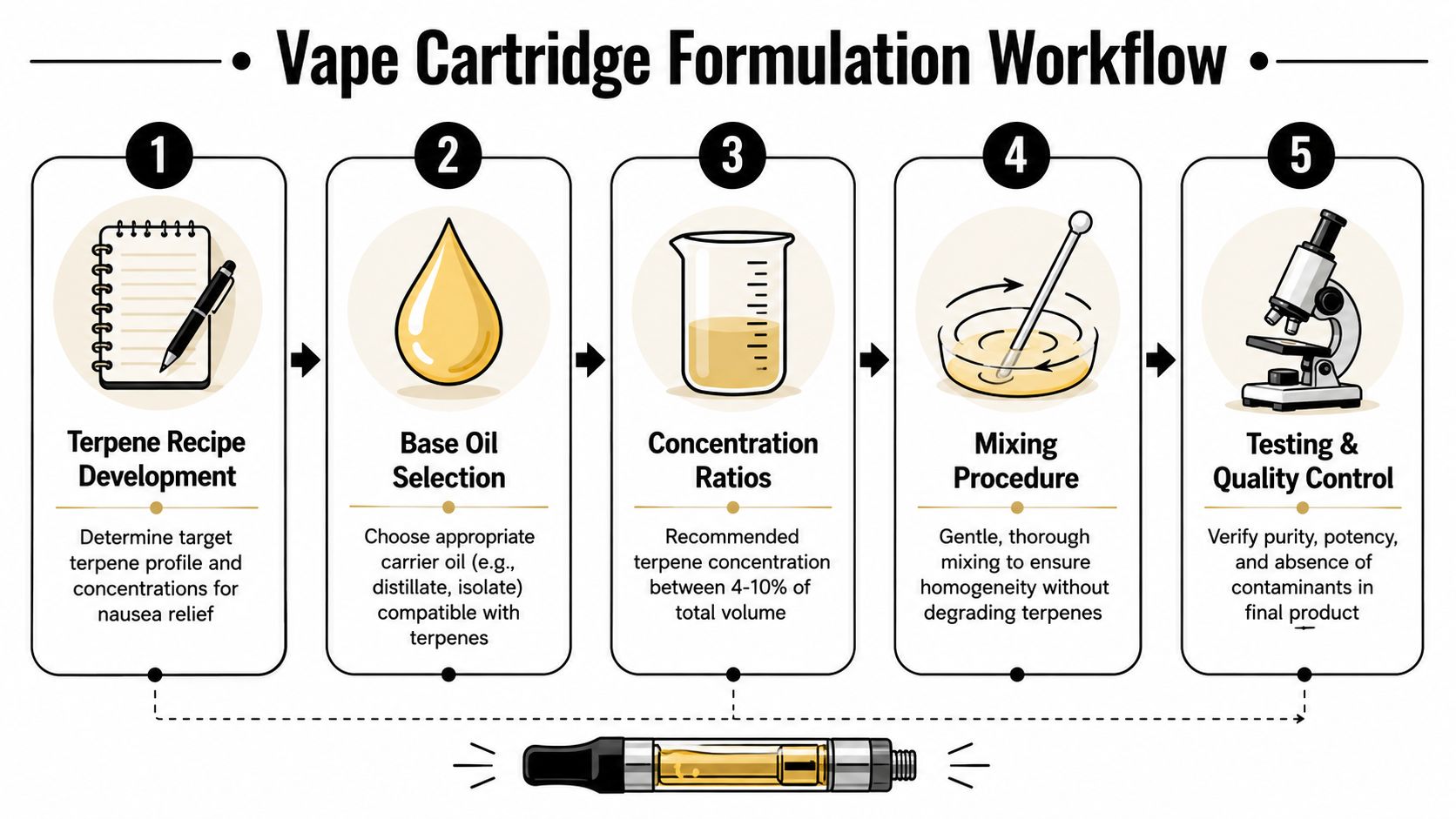 A five-step infographic showing the workflow for formulating vape cartridges for nausea relief.