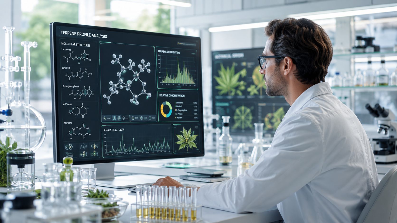 A scientist in a lab coat analyzing chemical terpene structures on a computer screen in a laboratory.