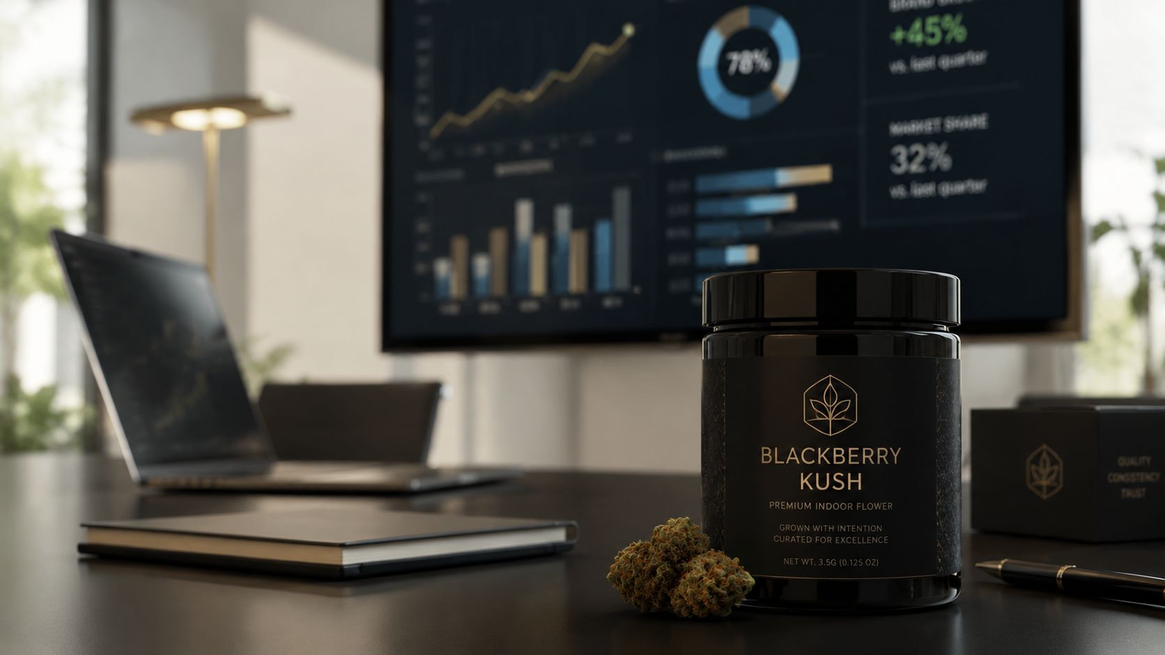 A premium jar of Blackberry Kush cannabis flower displayed on a modern office desk with business analytics.
