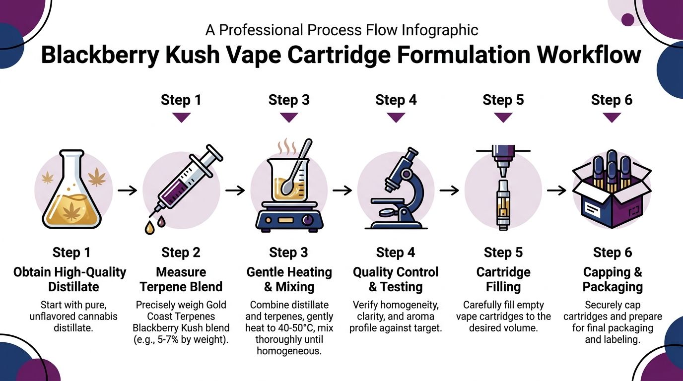An infographic detailing the six-step production process for formulating Blackberry Kush vape cartridges using high-quality distillate.