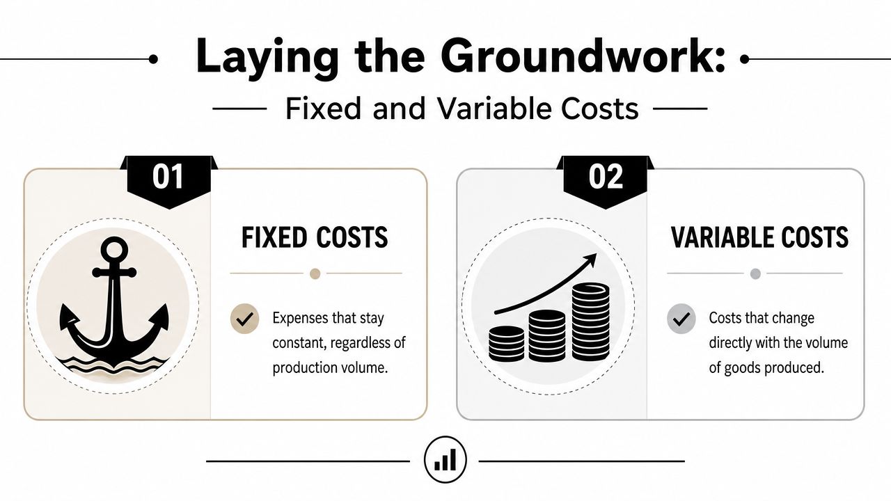 A diagram contrasting fixed costs and variable costs with icons representing an anchor and rising coin stacks.