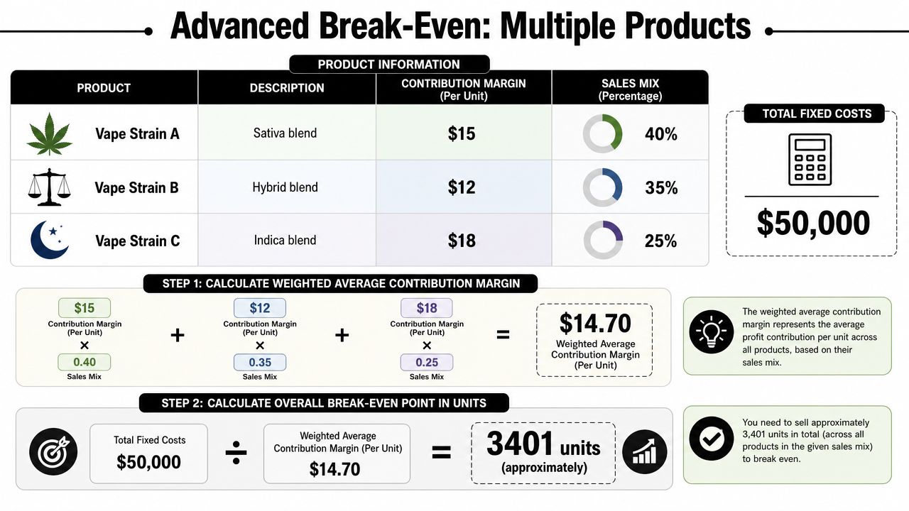 An infographic showing the step-by-step calculation of the advanced break-even point for three vape product variants.