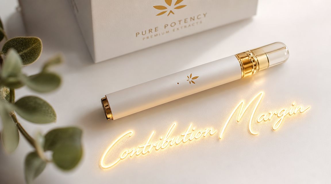 A premium white and gold vape pen next to a matching box with the words Contribution Margin written below