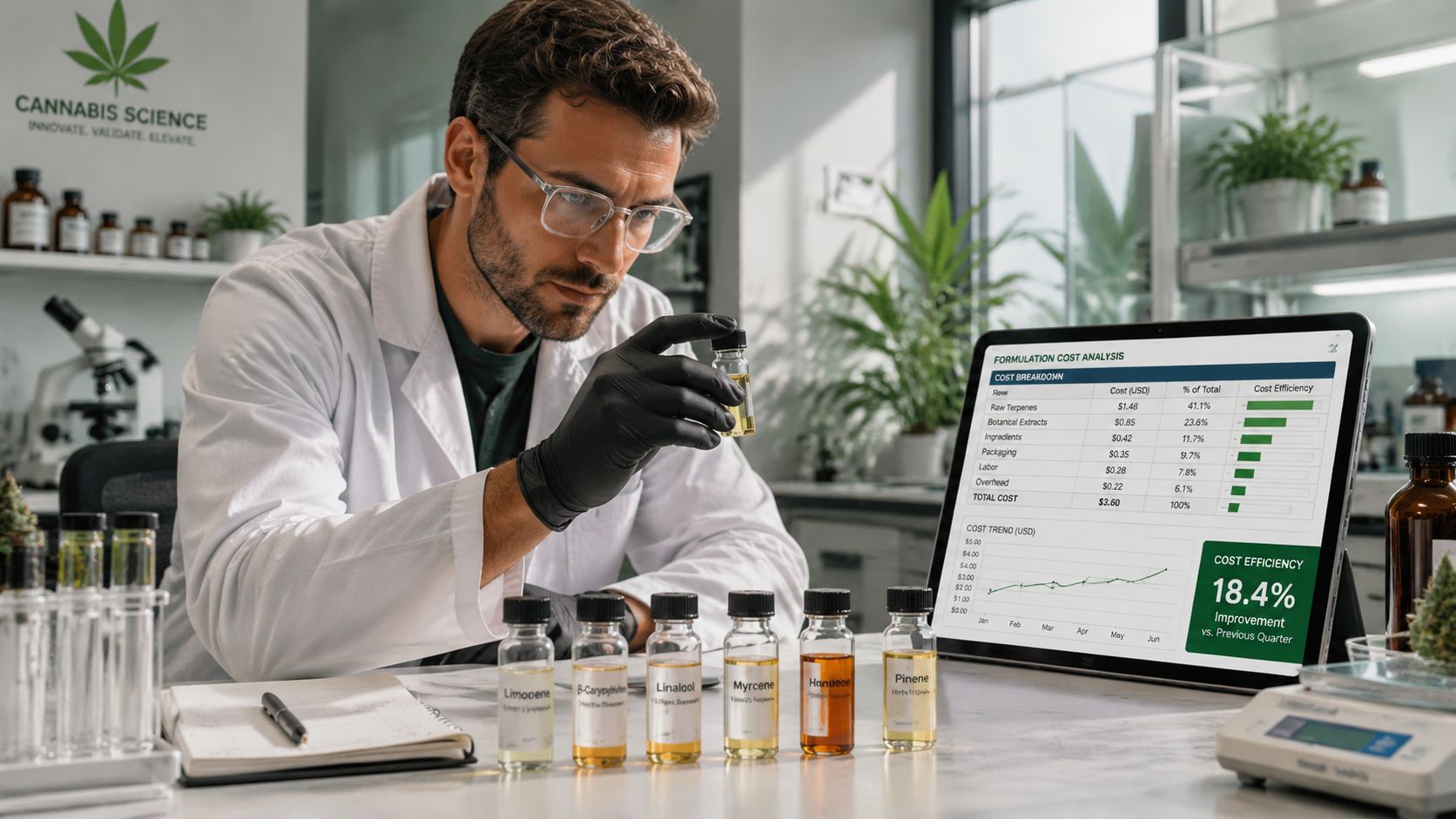 A laboratory scientist in a white coat examines a small vial of essential oil with data on screen.