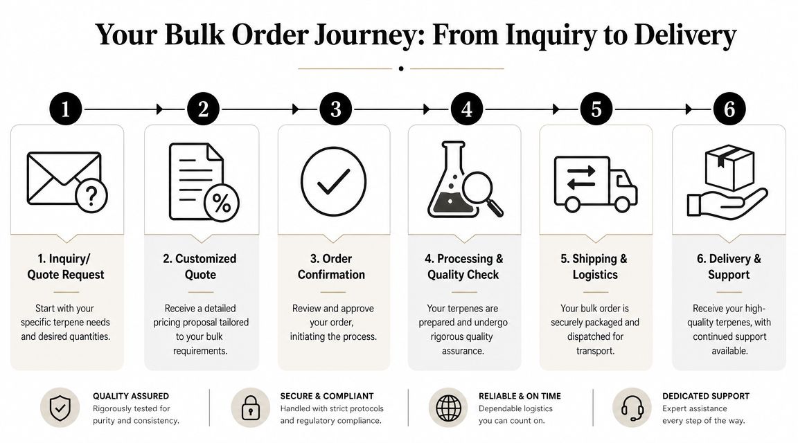 A flowchart showing the six-step process for bulk terpene orders, from initial inquiry to final delivery.