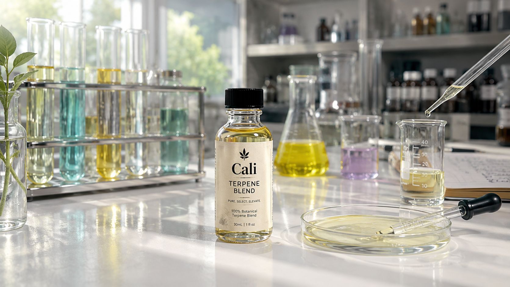 A glass bottle labeled Cali Terpene Blend on a laboratory table with beakers and test tubes.