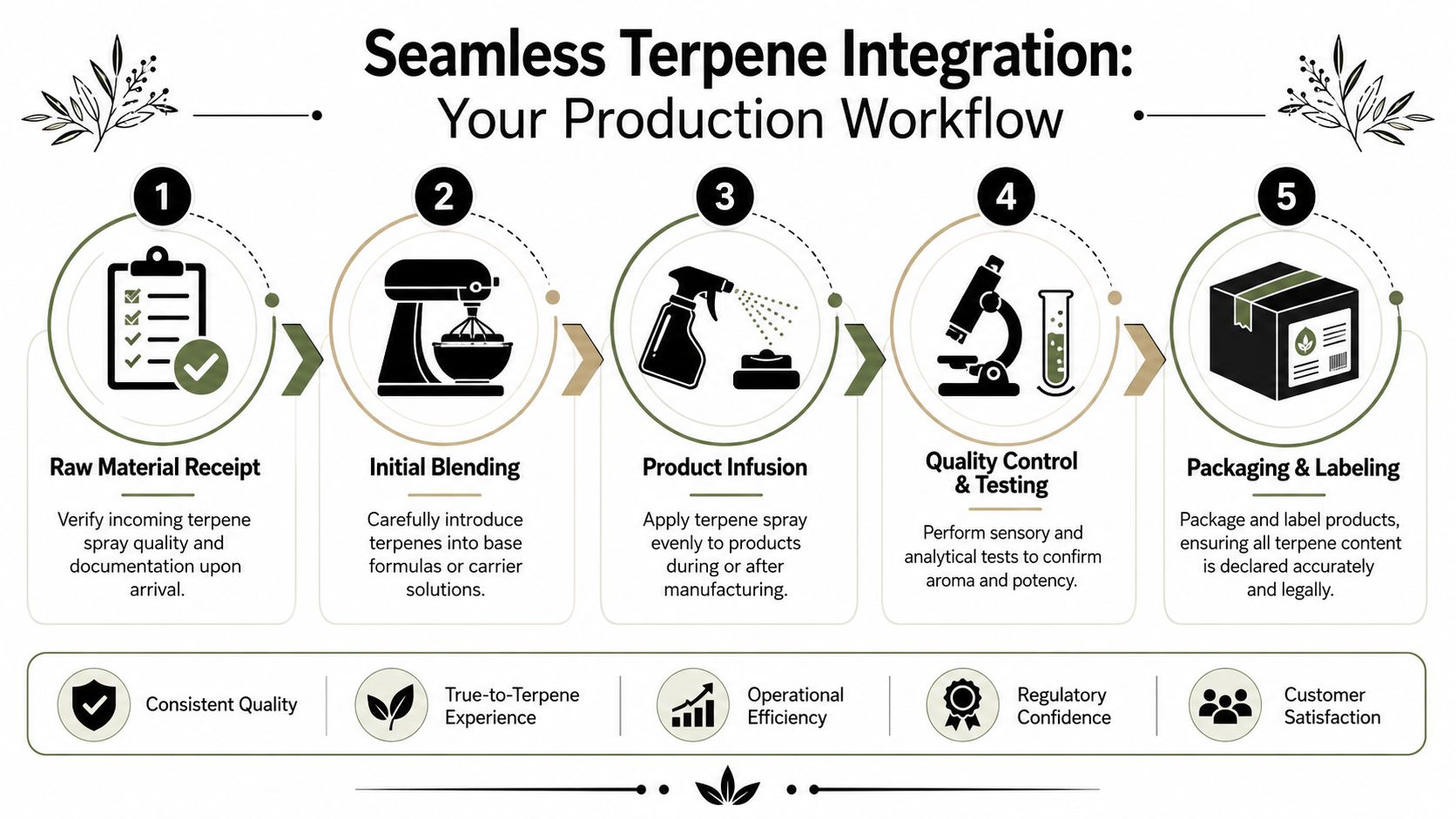 An infographic detailing a five-step production workflow for the seamless integration of terpenes into various products.